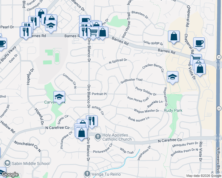 map of restaurants, bars, coffee shops, grocery stores, and more near 4930 Portrait Place in Colorado Springs