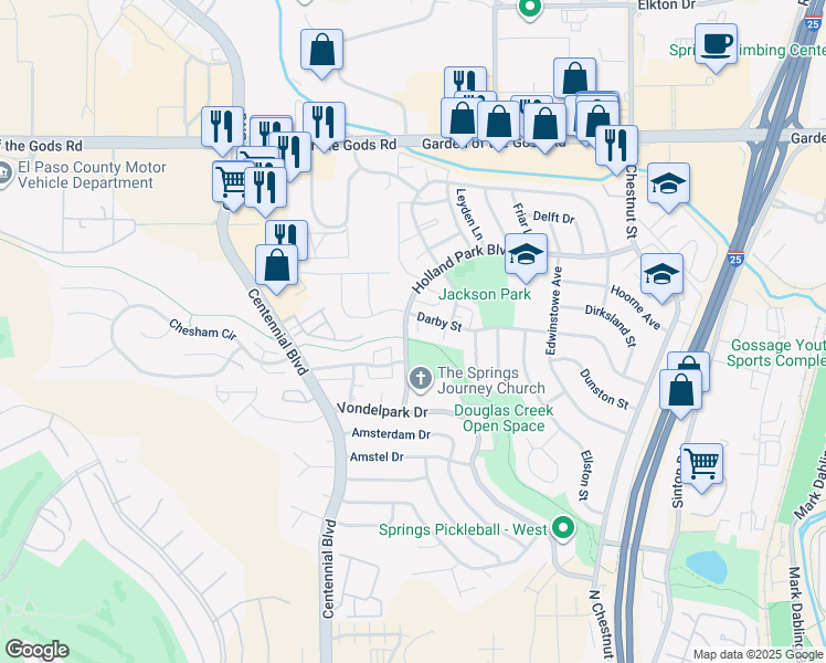 map of restaurants, bars, coffee shops, grocery stores, and more near 1309 Holland Park Boulevard in Colorado Springs