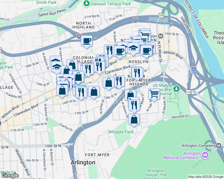 map of restaurants, bars, coffee shops, grocery stores, and more near 1423 North Rhodes Street in Arlington