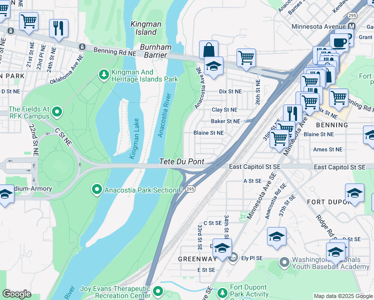 map of restaurants, bars, coffee shops, grocery stores, and more near 107 Anacostia Avenue Northeast in Washington
