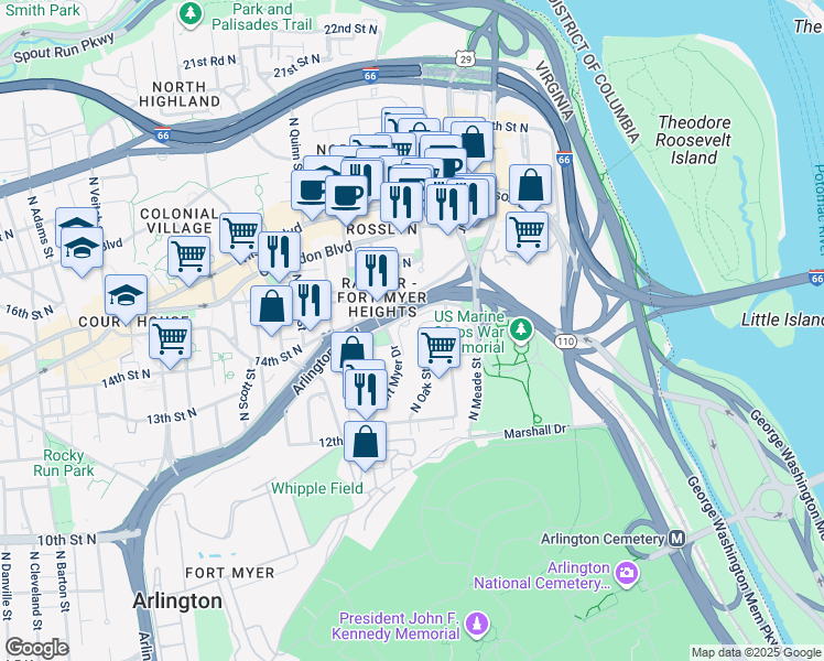 map of restaurants, bars, coffee shops, grocery stores, and more near 1500 Arlington Boulevard in Arlington