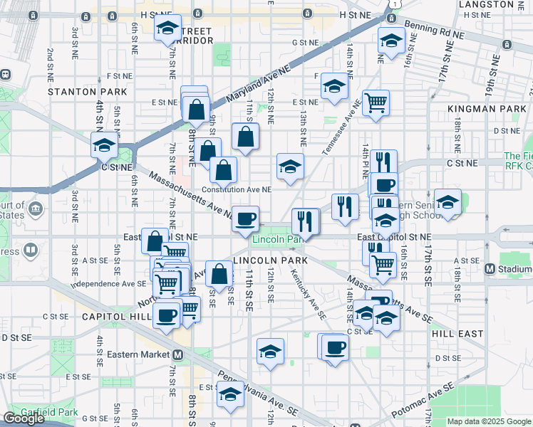 map of restaurants, bars, coffee shops, grocery stores, and more near 116 12th Street Northeast in Washington
