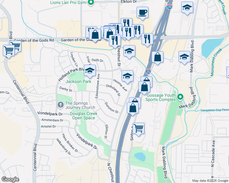 map of restaurants, bars, coffee shops, grocery stores, and more near 824 Darby Street in Colorado Springs