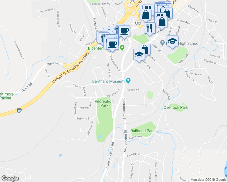 map of restaurants, bars, coffee shops, grocery stores, and more near 201 Racetrack Street in Auburn