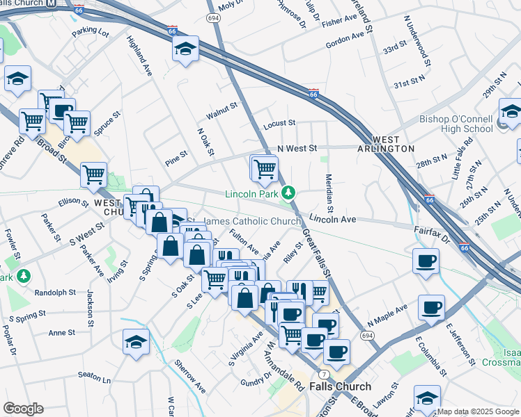 map of restaurants, bars, coffee shops, grocery stores, and more near 703 Lincoln Avenue in Falls Church