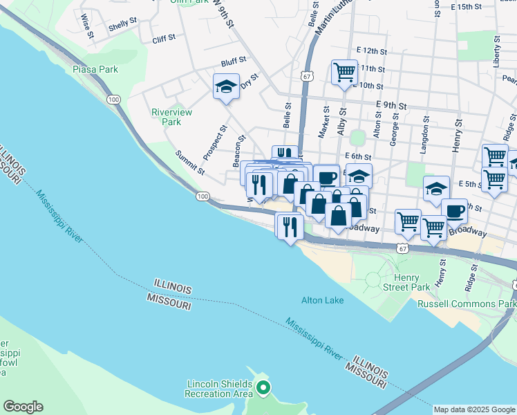 map of restaurants, bars, coffee shops, grocery stores, and more near 145 West Broadway in Alton