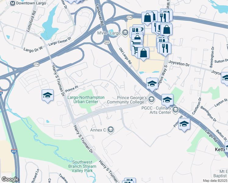 map of restaurants, bars, coffee shops, grocery stores, and more near 10239 Prince Charles Court in Upper Marlboro