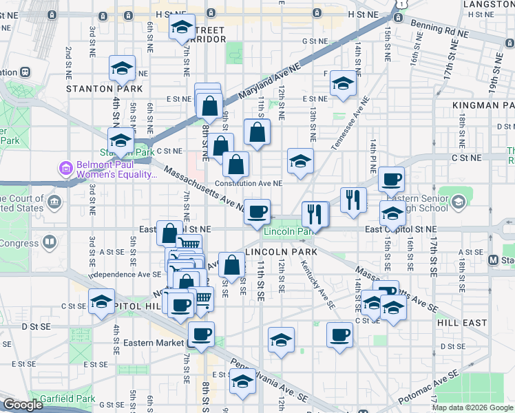 map of restaurants, bars, coffee shops, grocery stores, and more near 101 Independence Avenue Southeast in Washington