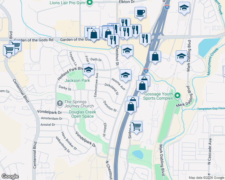 map of restaurants, bars, coffee shops, grocery stores, and more near 824 Darby Street in Colorado Springs