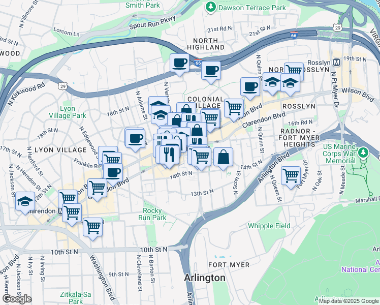 map of restaurants, bars, coffee shops, grocery stores, and more near 2055 15th Street North in Arlington