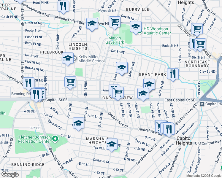 map of restaurants, bars, coffee shops, grocery stores, and more near 5230 Ames Street Northeast in Washington