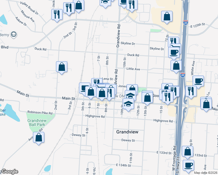 map of restaurants, bars, coffee shops, grocery stores, and more near 12903 8th Street in Grandview