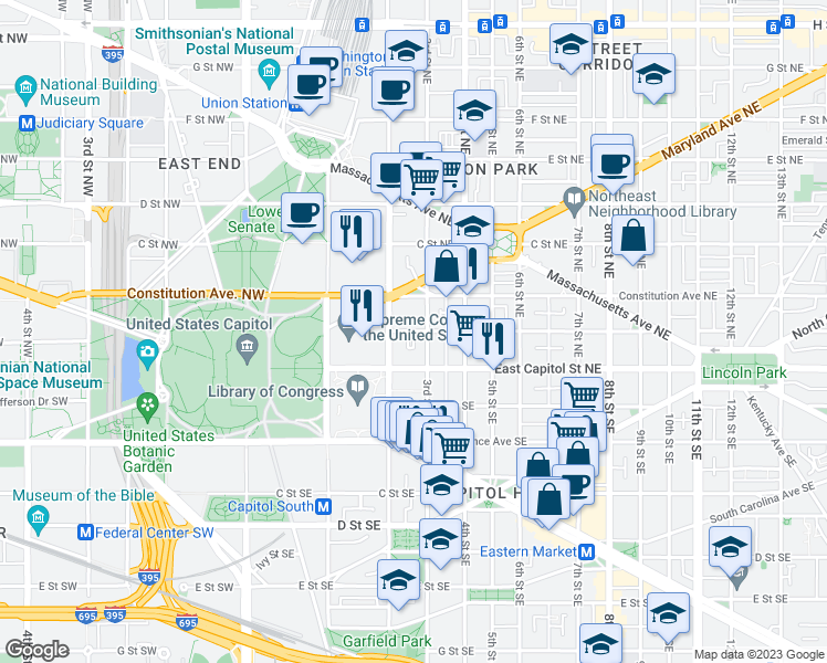 map of restaurants, bars, coffee shops, grocery stores, and more near A St NE & Terrace Ct NE in Washington