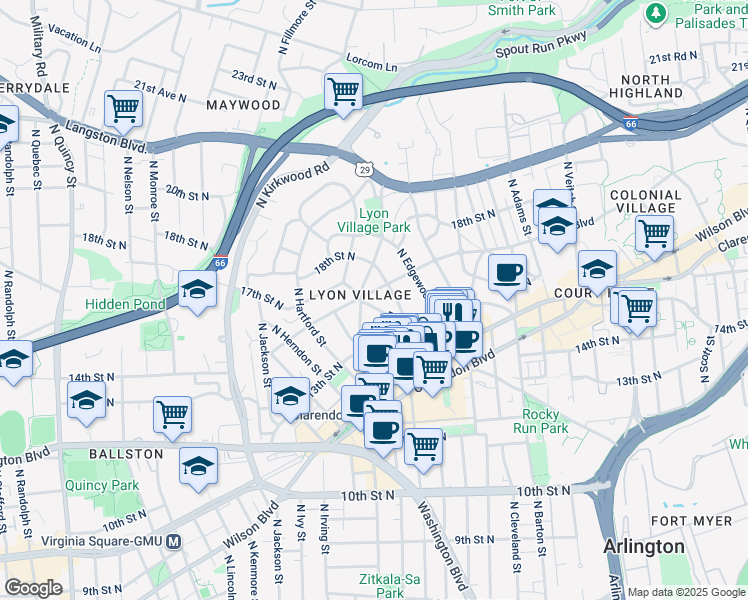 map of restaurants, bars, coffee shops, grocery stores, and more near 2916 Key Boulevard in Arlington