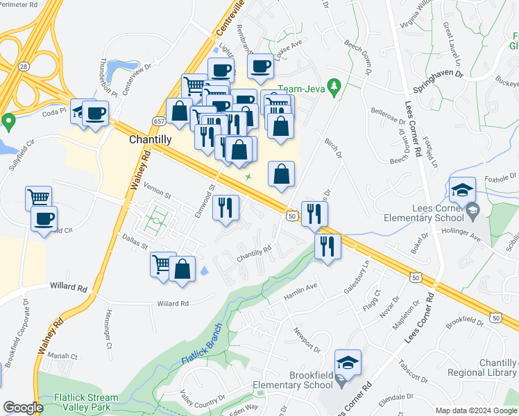 map of restaurants, bars, coffee shops, grocery stores, and more near 4025 Kimberley Glen Court in Chantilly