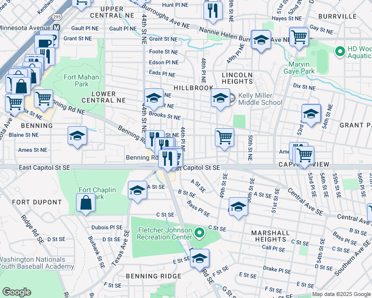 map of restaurants, bars, coffee shops, grocery stores, and more near 27 46th Place Northeast in Washington