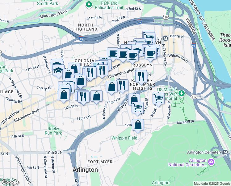map of restaurants, bars, coffee shops, grocery stores, and more near 1423 North Rhodes Street in Arlington