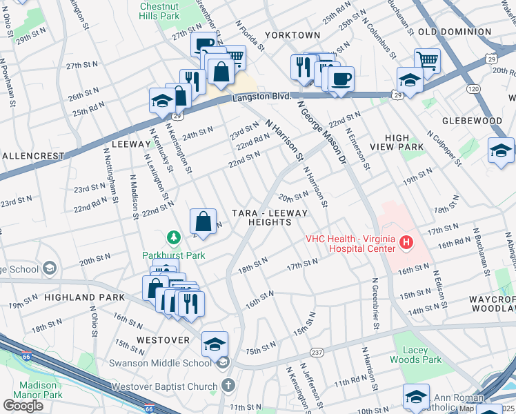 map of restaurants, bars, coffee shops, grocery stores, and more near 1874 Patrick Henry Drive in Arlington