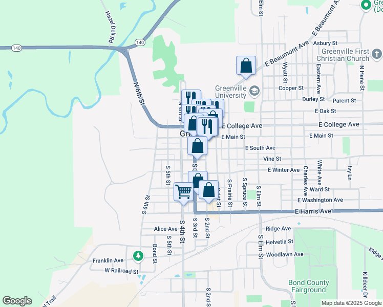 map of restaurants, bars, coffee shops, grocery stores, and more near 202 South 3rd Street in Greenville