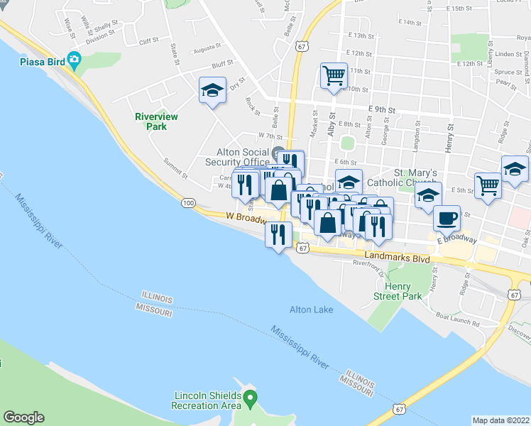 map of restaurants, bars, coffee shops, grocery stores, and more near 123 West 3rd Street in Alton