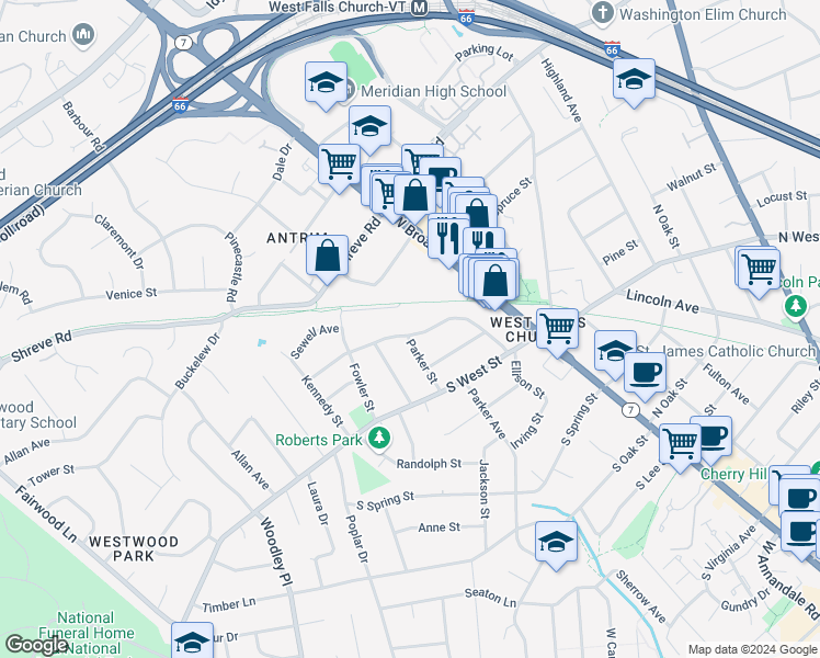 map of restaurants, bars, coffee shops, grocery stores, and more near 1222 Ellison Street in Falls Church
