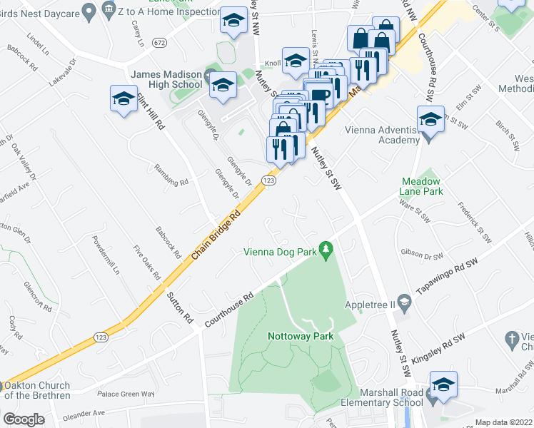 map of restaurants, bars, coffee shops, grocery stores, and more near 9550 Pine Cluster Circle in Vienna