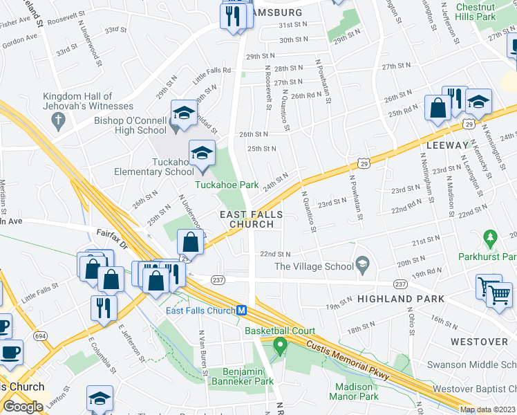 map of restaurants, bars, coffee shops, grocery stores, and more near 6431 Langston Boulevard in Arlington