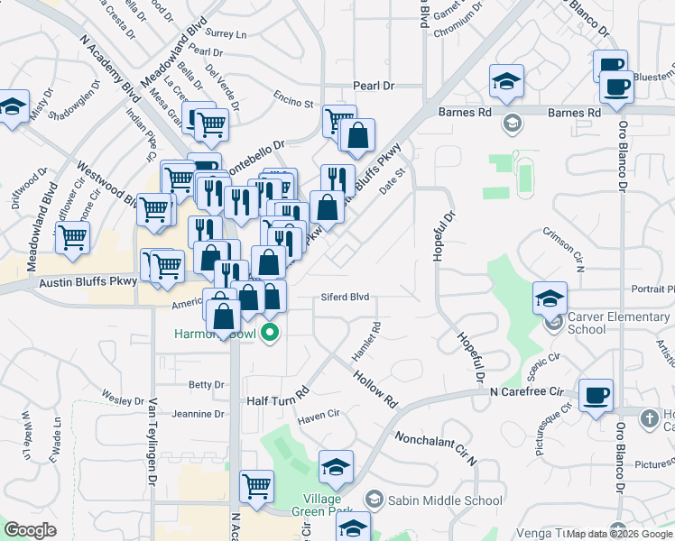 map of restaurants, bars, coffee shops, grocery stores, and more near 111 Lotus Street in Colorado Springs