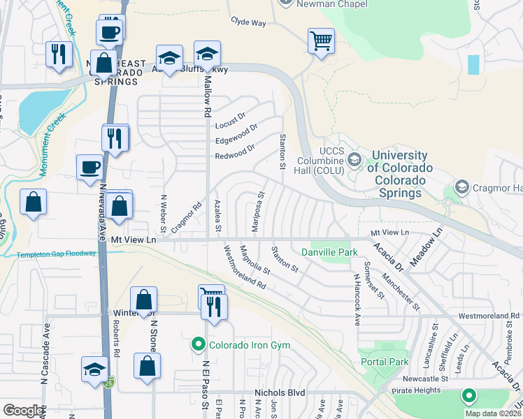 map of restaurants, bars, coffee shops, grocery stores, and more near 3919 Mariposa Street in Colorado Springs