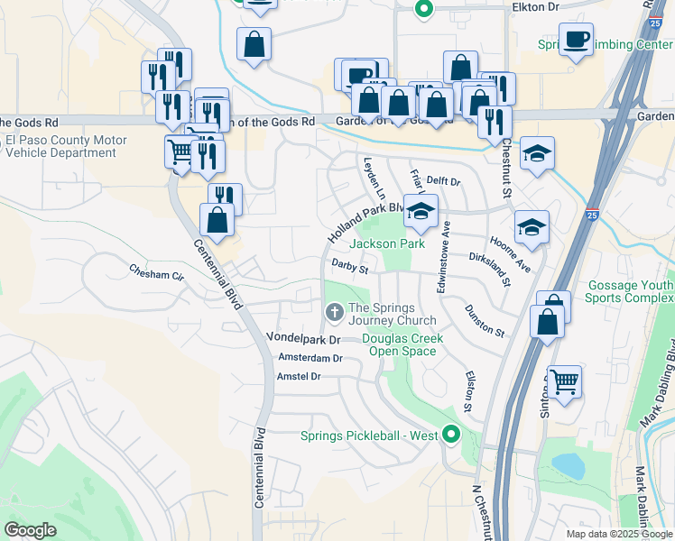 map of restaurants, bars, coffee shops, grocery stores, and more near 1309 Holland Park Boulevard in Colorado Springs