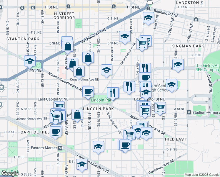map of restaurants, bars, coffee shops, grocery stores, and more near 101 Independence Avenue Southeast in Washington