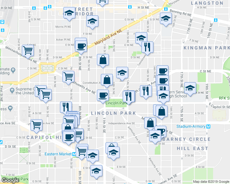 map of restaurants, bars, coffee shops, grocery stores, and more near 101 Independence Avenue Southeast in Washington