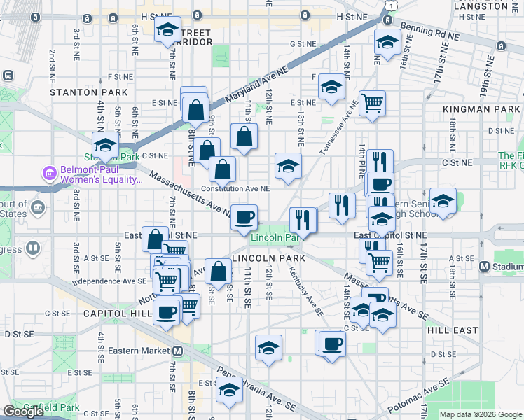 map of restaurants, bars, coffee shops, grocery stores, and more near 101 Independence Avenue Southeast in Washington