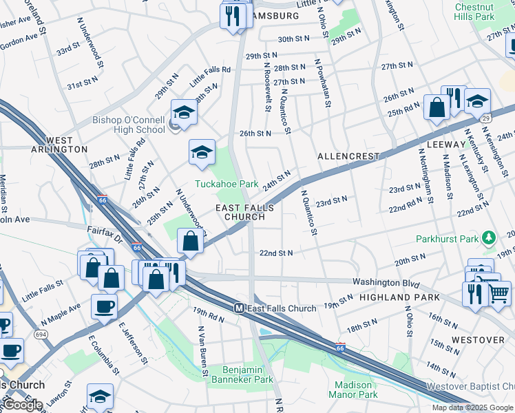 map of restaurants, bars, coffee shops, grocery stores, and more near 6431 Langston Boulevard in Arlington
