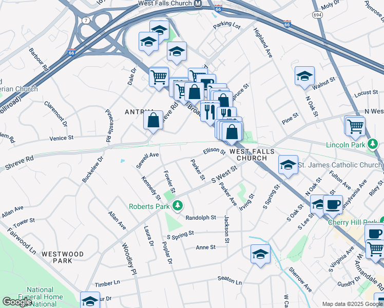 map of restaurants, bars, coffee shops, grocery stores, and more near 1222 Ellison Street in Falls Church