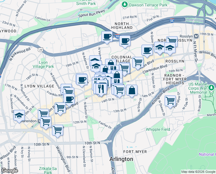 map of restaurants, bars, coffee shops, grocery stores, and more near 2121 15th Street North in Arlington
