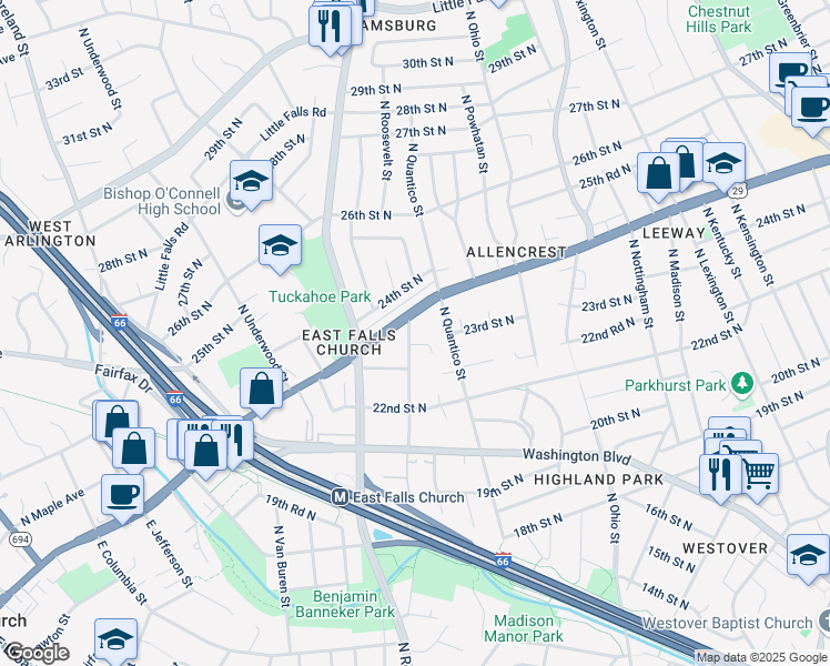 map of restaurants, bars, coffee shops, grocery stores, and more near 2319 North Roosevelt Street in Arlington
