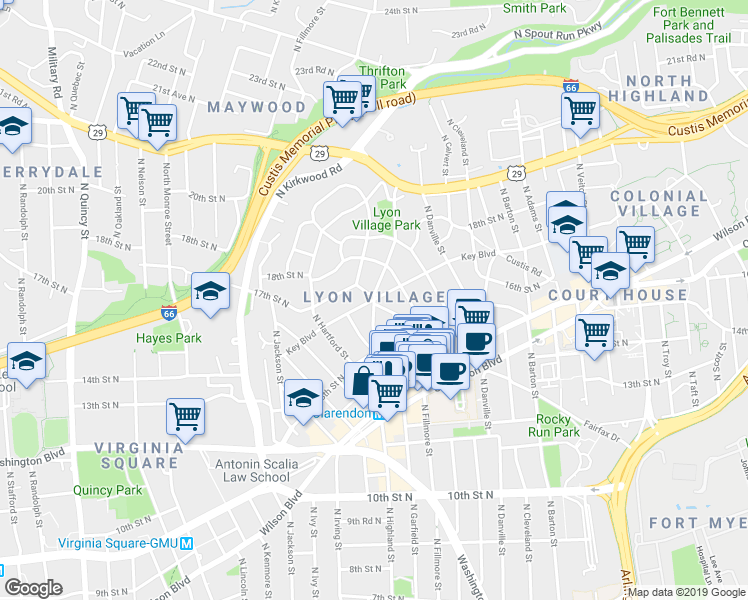 map of restaurants, bars, coffee shops, grocery stores, and more near N Highland St & Key Blvd in Arlington
