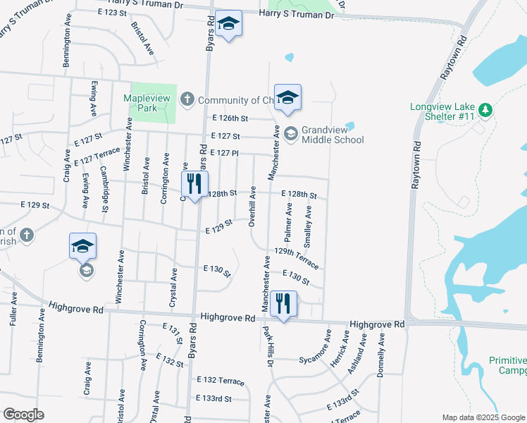 map of restaurants, bars, coffee shops, grocery stores, and more near 12820 Manchester Avenue in Grandview
