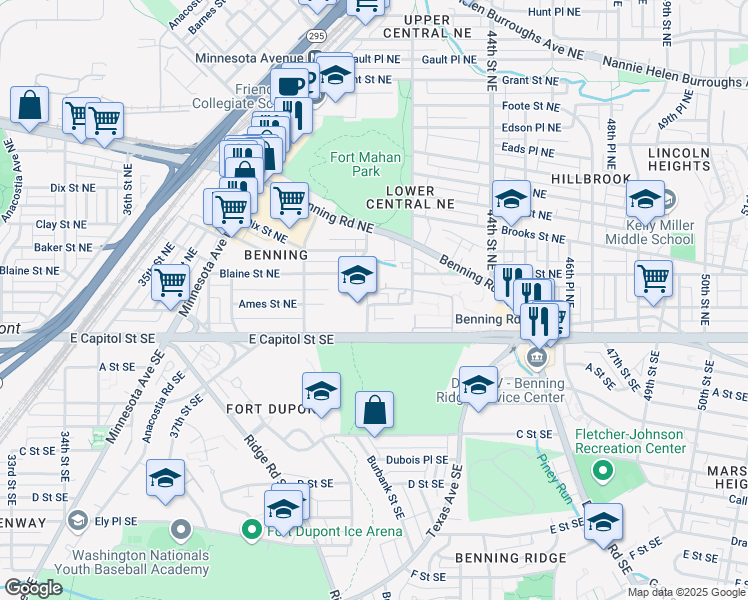 map of restaurants, bars, coffee shops, grocery stores, and more near 4116 Ames Street Northeast in Washington