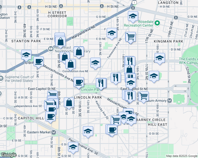 map of restaurants, bars, coffee shops, grocery stores, and more near 108 13th Street Northeast in Washington