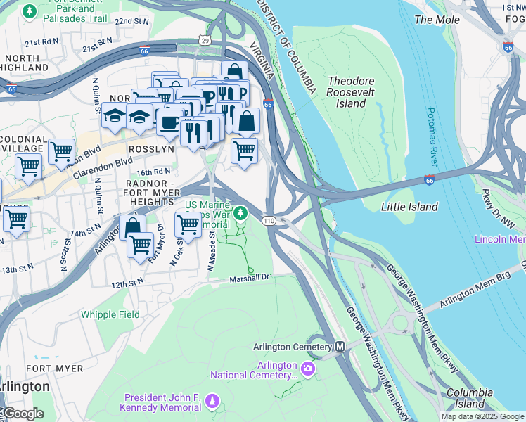 map of restaurants, bars, coffee shops, grocery stores, and more near 1021 Arlington Boulevard in Arlington