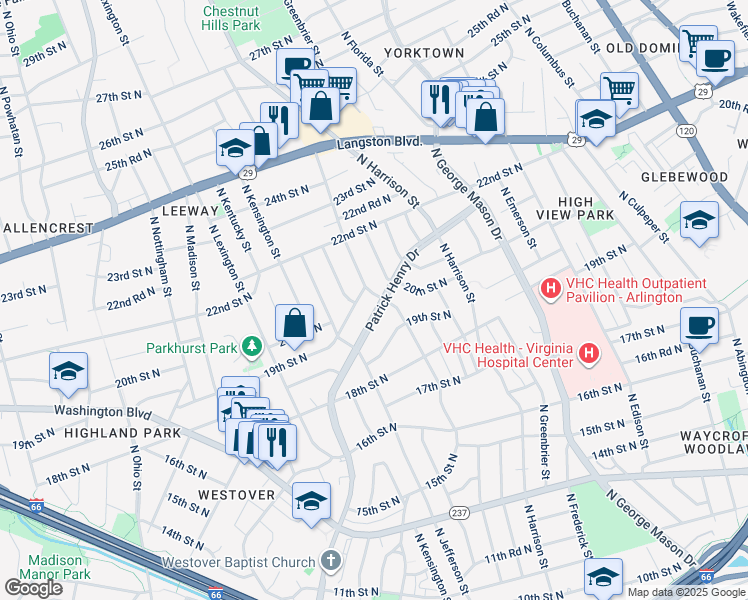 map of restaurants, bars, coffee shops, grocery stores, and more near 1874 Patrick Henry Drive in Arlington