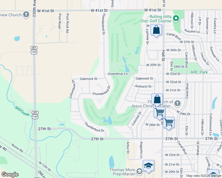 map of restaurants, bars, coffee shops, grocery stores, and more near 2760 Thunderbird Drive in Hays