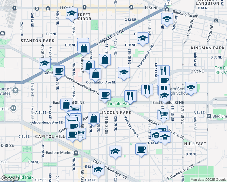 map of restaurants, bars, coffee shops, grocery stores, and more near 101 Independence Avenue Southeast in Washington