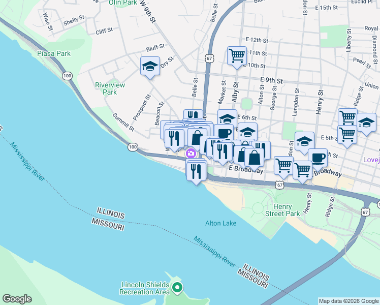 map of restaurants, bars, coffee shops, grocery stores, and more near 123 West 3rd Street in Alton