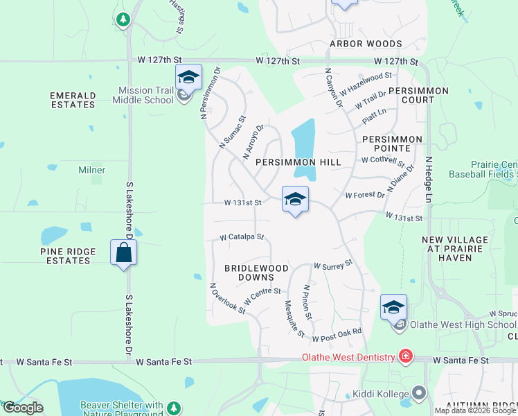 map of restaurants, bars, coffee shops, grocery stores, and more near 2612 West Whitney Street in Olathe