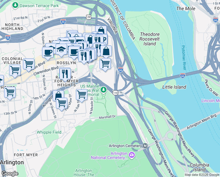 map of restaurants, bars, coffee shops, grocery stores, and more near 101 Independence Avenue Southeast in Washington