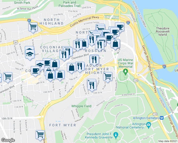 map of restaurants, bars, coffee shops, grocery stores, and more near North Pierce Street in Arlington