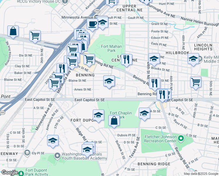 map of restaurants, bars, coffee shops, grocery stores, and more near 100 41st Street Northeast in Washington